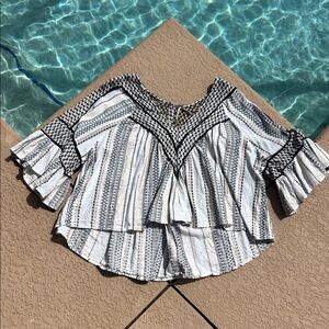 Free People Black & White Striped Boho Ruffle Blouse